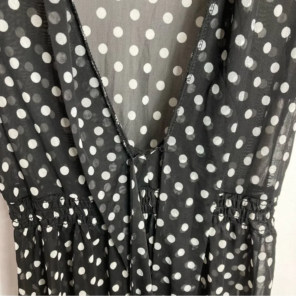 Y2K Lashes Mesh Blouse Black White Polka Dots Deep V Neck Small